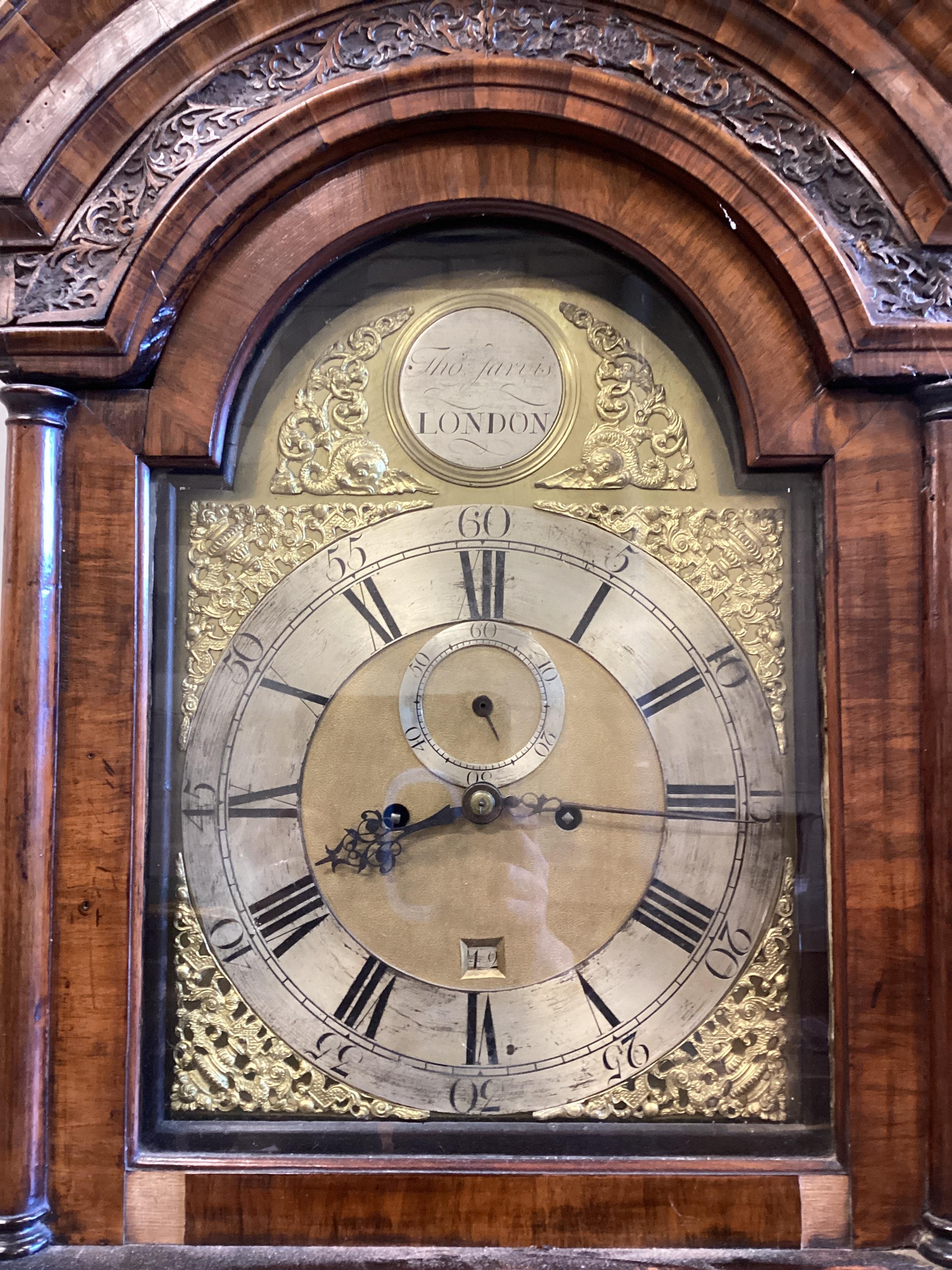 An 18th century figured walnut and oak eight day longcase clock, marked Thomas Jarvis, London, height 230cm